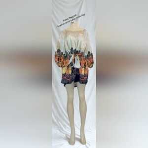 Peter Nygard Boho Feather Print Tunic Top 2X